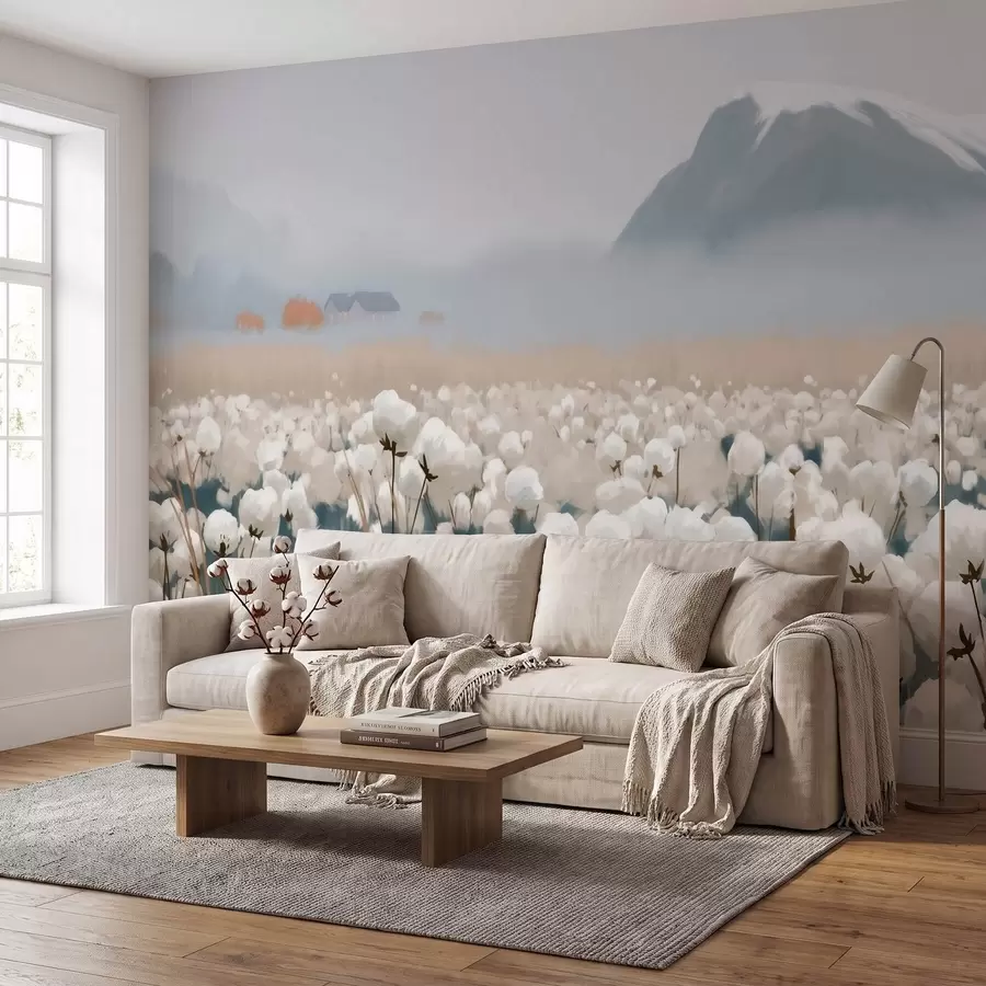 Papier peint Champ de coton dans un paysage brumeux du Nord, style pictural w09934