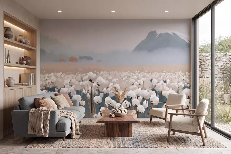 Papier peint Champ de coton dans un paysage brumeux du Nord, style pictural w09934