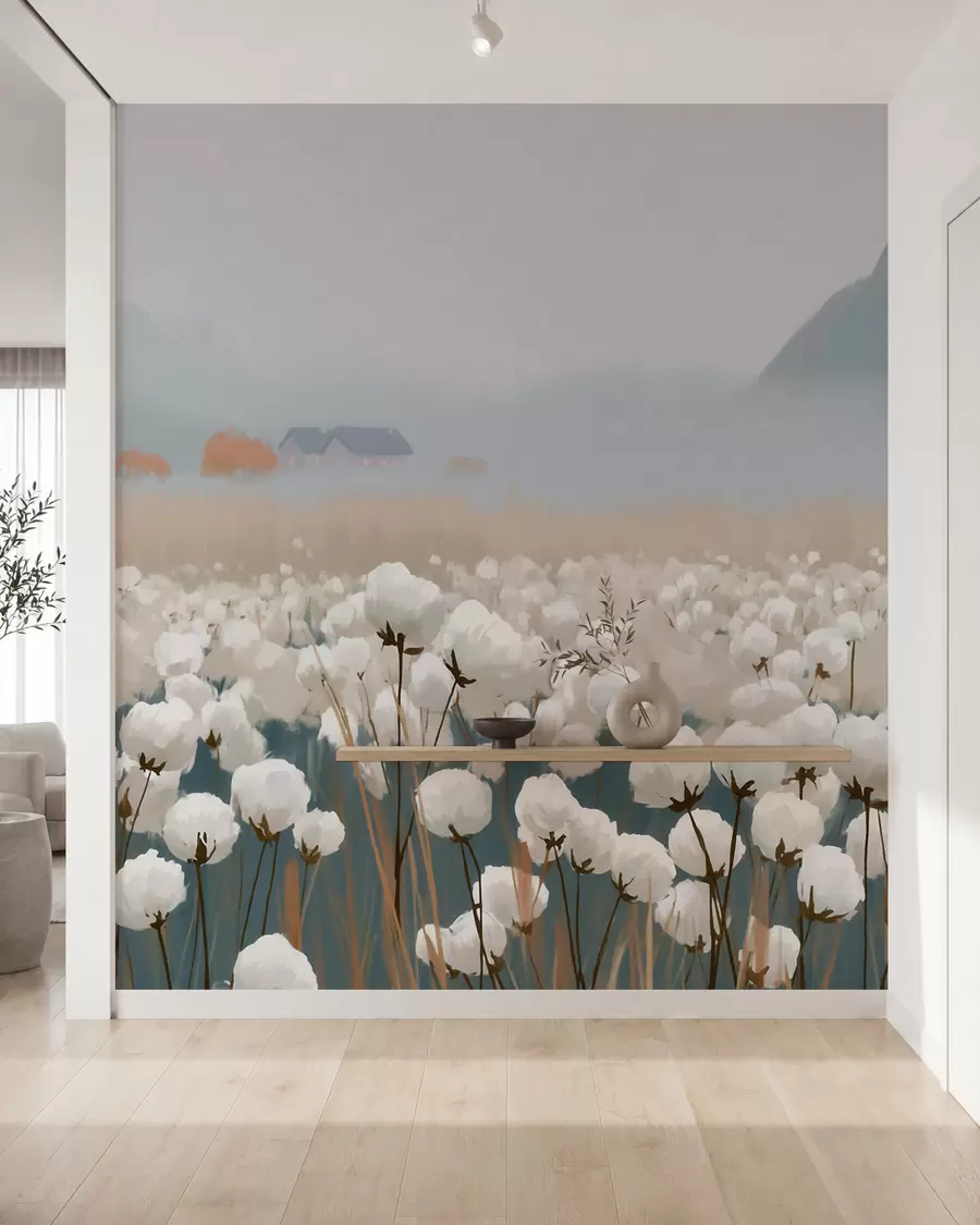Papier peint Champ de coton dans un paysage brumeux du Nord, style pictural w09934