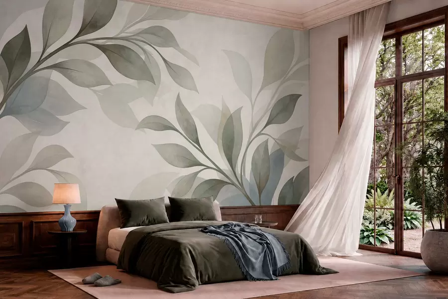 Papier peint De grandes feuilles aux teintes douces de vert et de bleu w05693