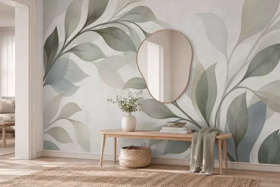 Papier peint De grandes feuilles aux teintes douces de vert et de bleu w05693