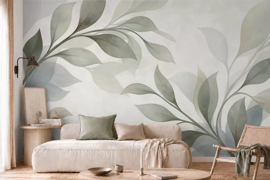 Papier peint De grandes feuilles aux teintes douces de vert et de bleu w05693