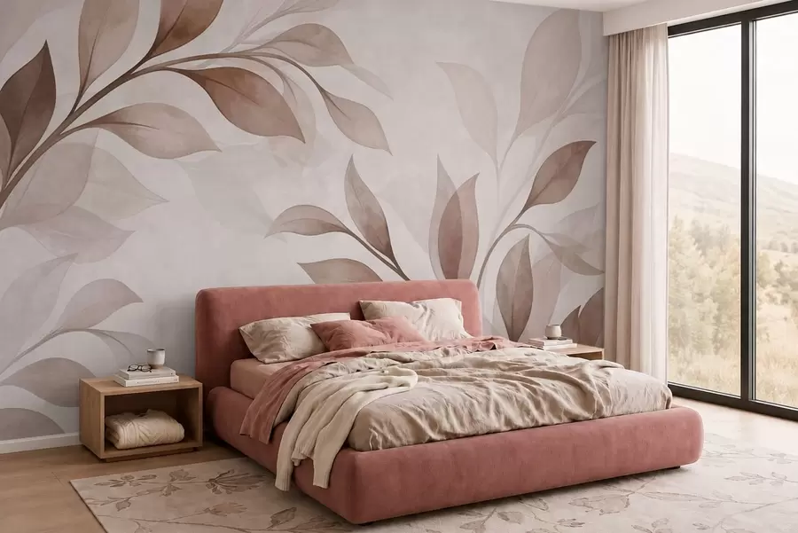Papier peint De grandes feuilles dans des tons chauds de beige et de marron w05693v1