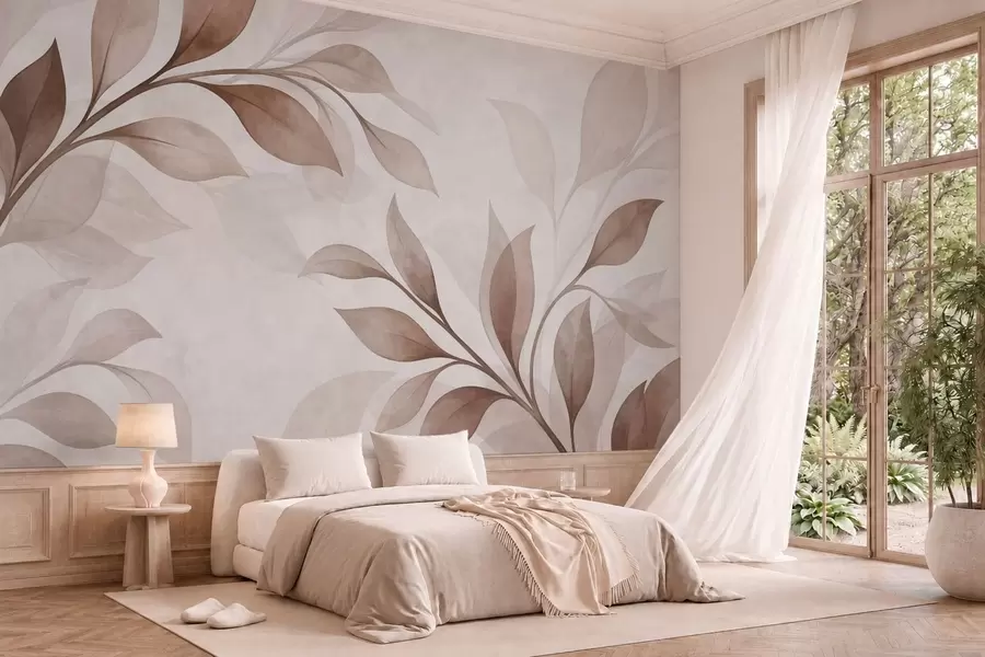 Papier peint De grandes feuilles dans des tons chauds de beige et de marron w05693v1