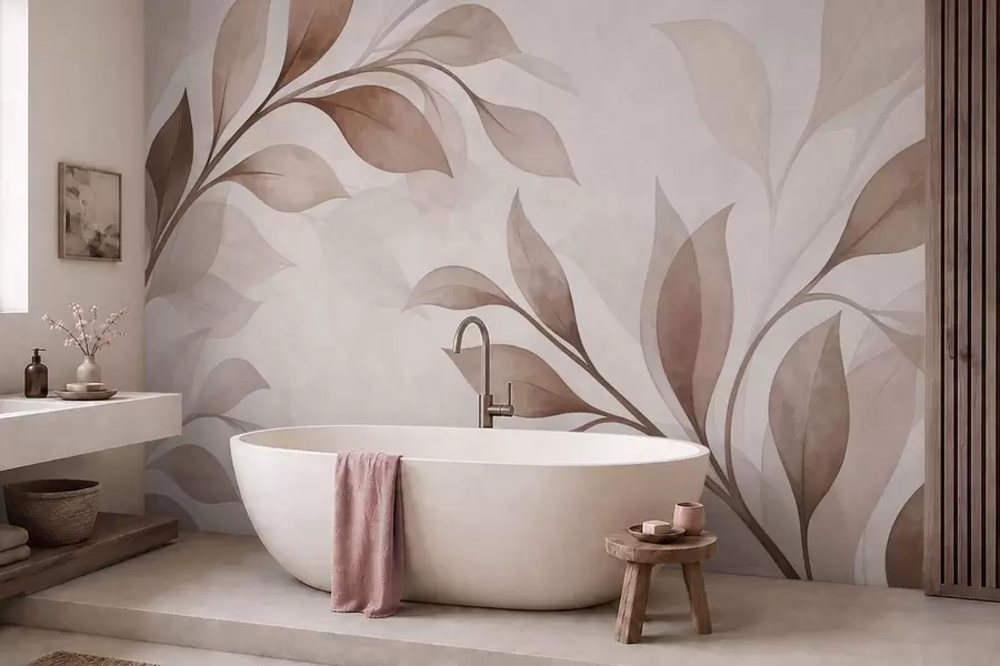 Papier peint De grandes feuilles dans des tons chauds de beige et de marron w05693v1