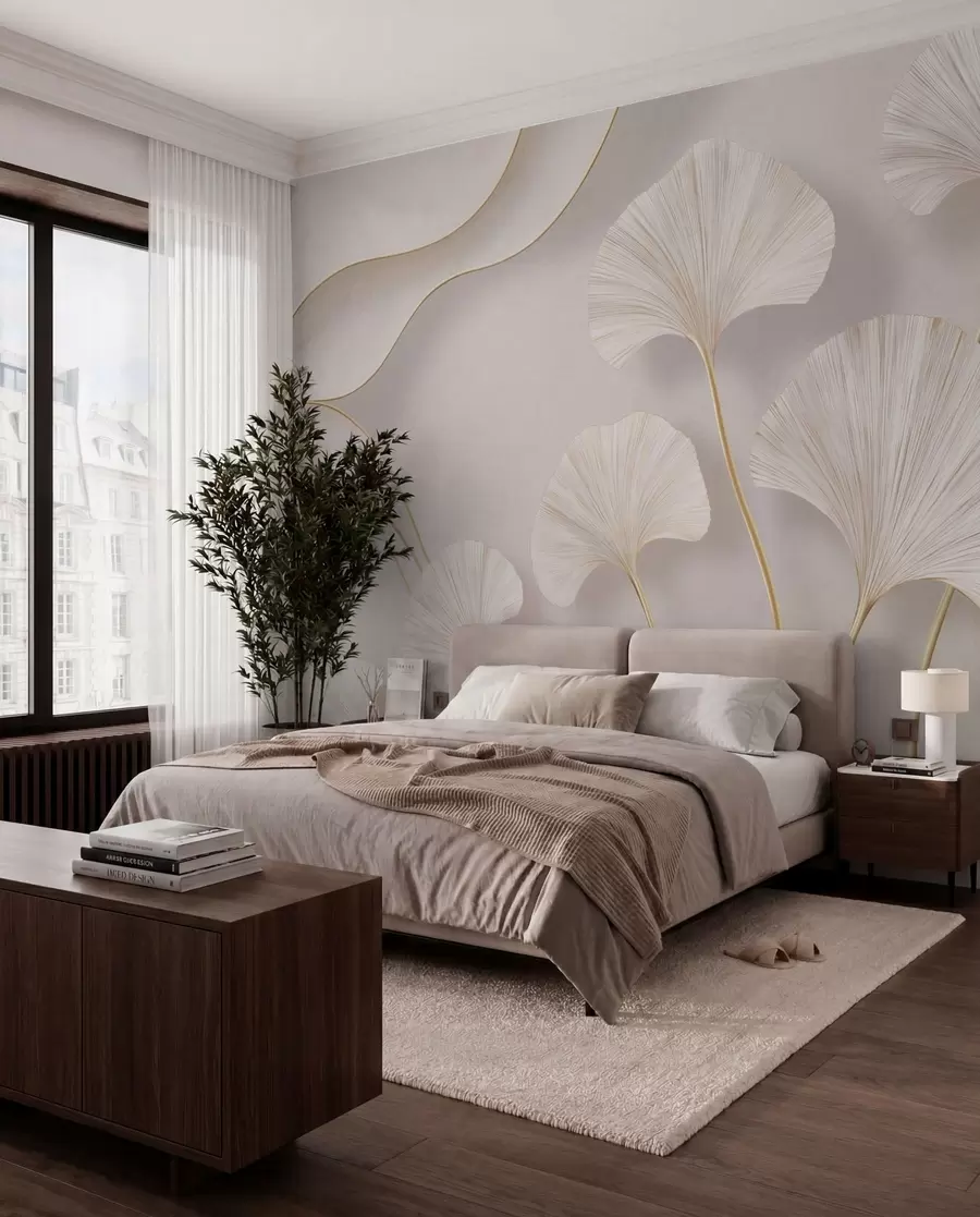 Papier peint Des feuilles de ginkgo aux contours fluides, à la couleur claire et au volume prononcé, sur un fond marbré w05734