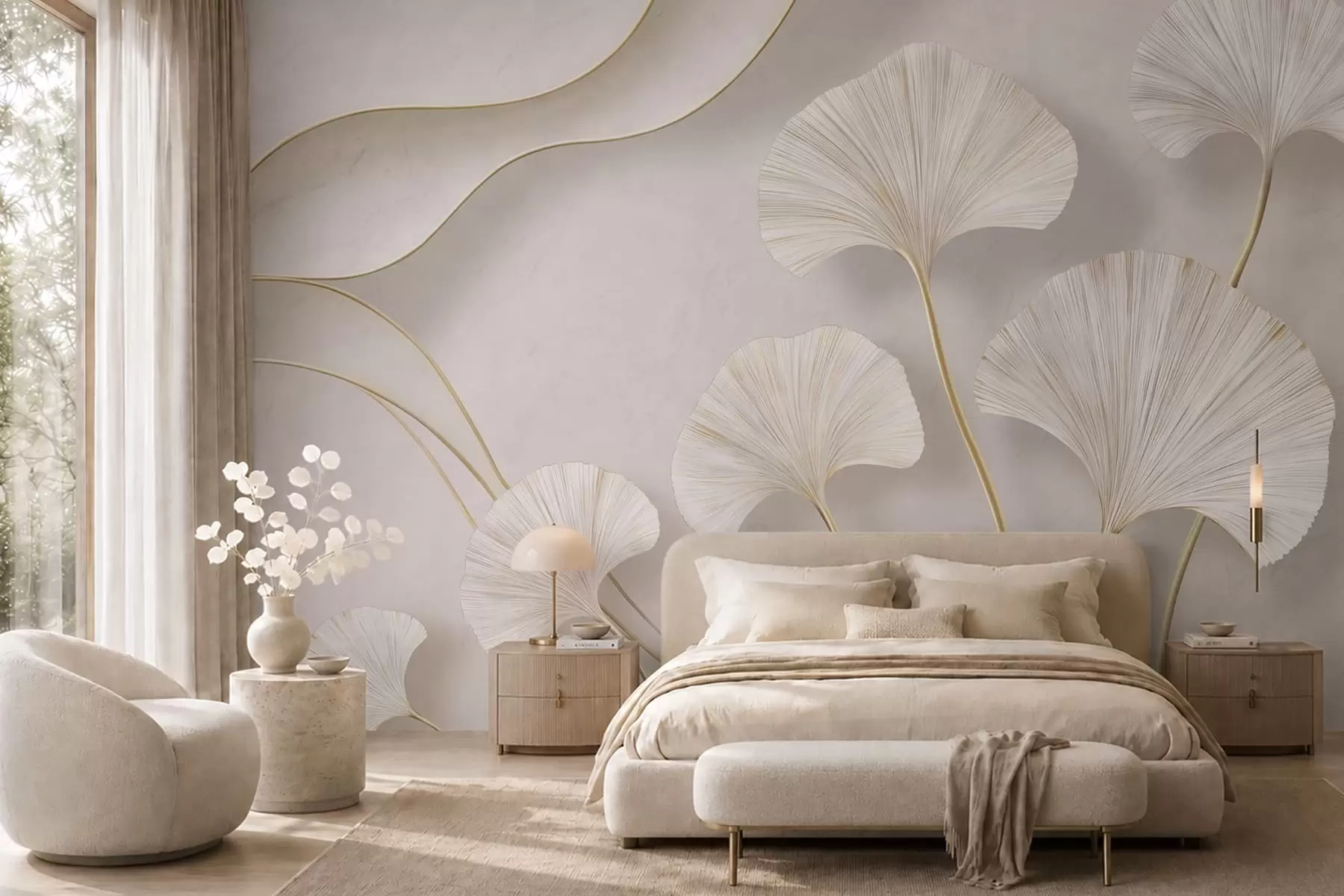 Papier peint Des feuilles de ginkgo aux contours fluides, à la couleur claire et au volume prononcé, sur un fond marbré w05734