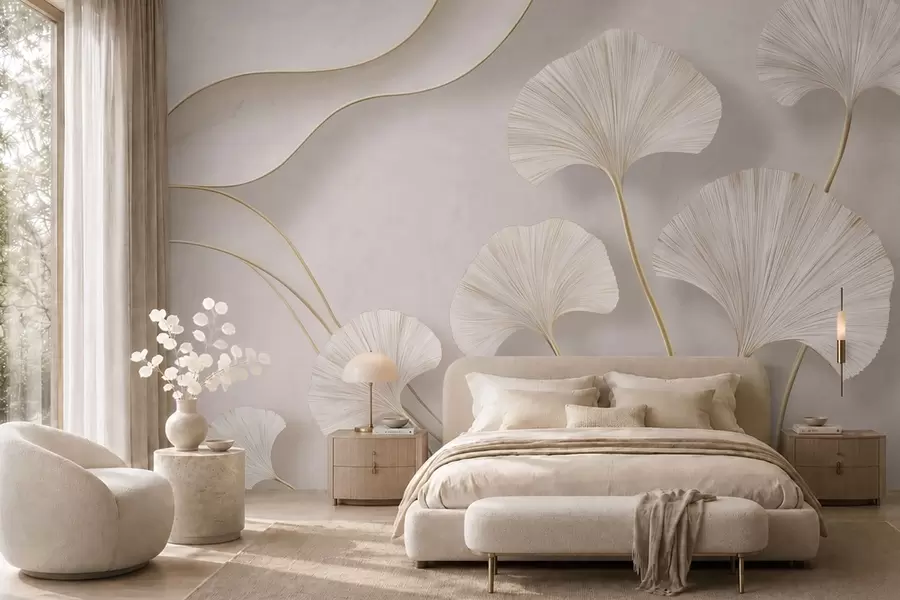 Papier peint Des feuilles de ginkgo aux contours fluides, à la couleur claire et au volume prononcé, sur un fond marbré w05734