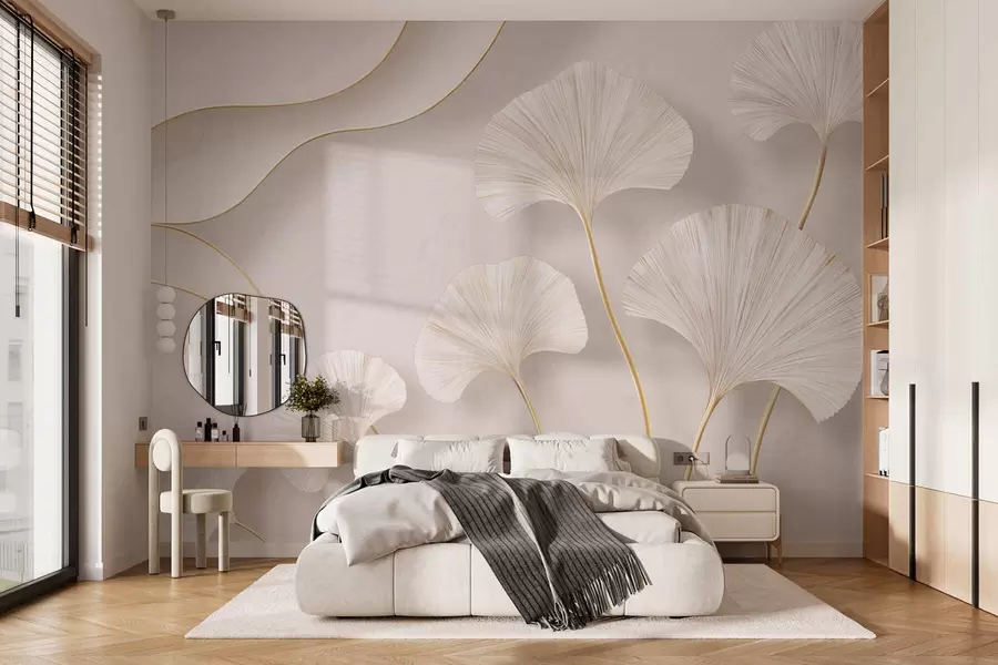 Papier peint Des feuilles de ginkgo aux contours fluides, à la couleur claire et au volume prononcé, sur un fond marbré w05734