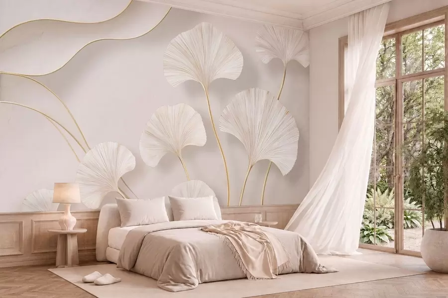 Papier peint Des feuilles de ginkgo aux contours fluides, à la couleur claire et au volume prononcé, sur un fond marbré w05734