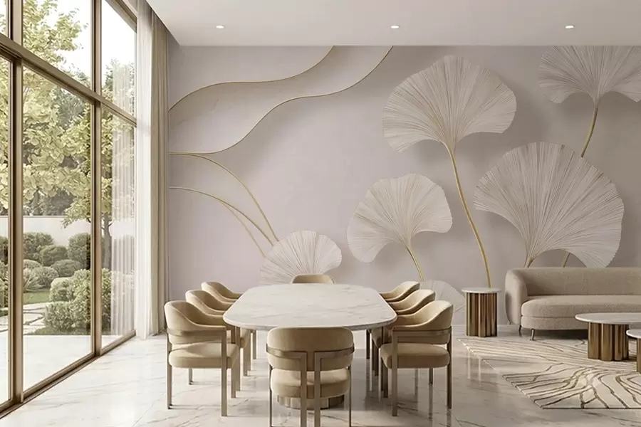 Papier peint Des feuilles de ginkgo aux contours fluides, à la couleur claire et au volume prononcé, sur un fond marbré w05734