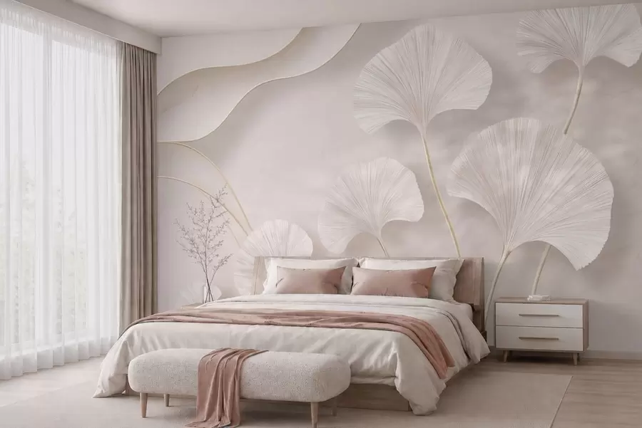 Papier peint Des feuilles de ginkgo aux teintes claires sur un fond de marbre aux tons doux w05734v1