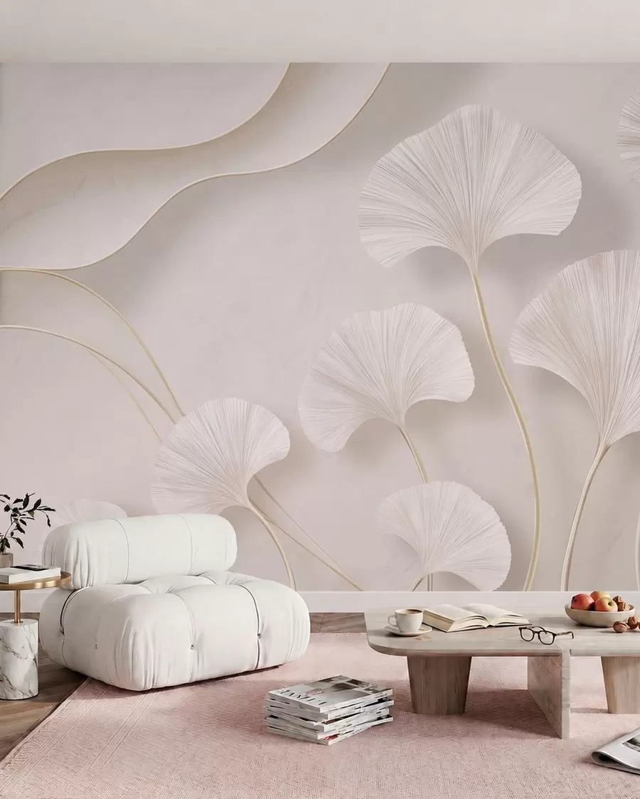 Papier peint Des feuilles de ginkgo aux teintes claires sur un fond de marbre aux tons doux w05734v1