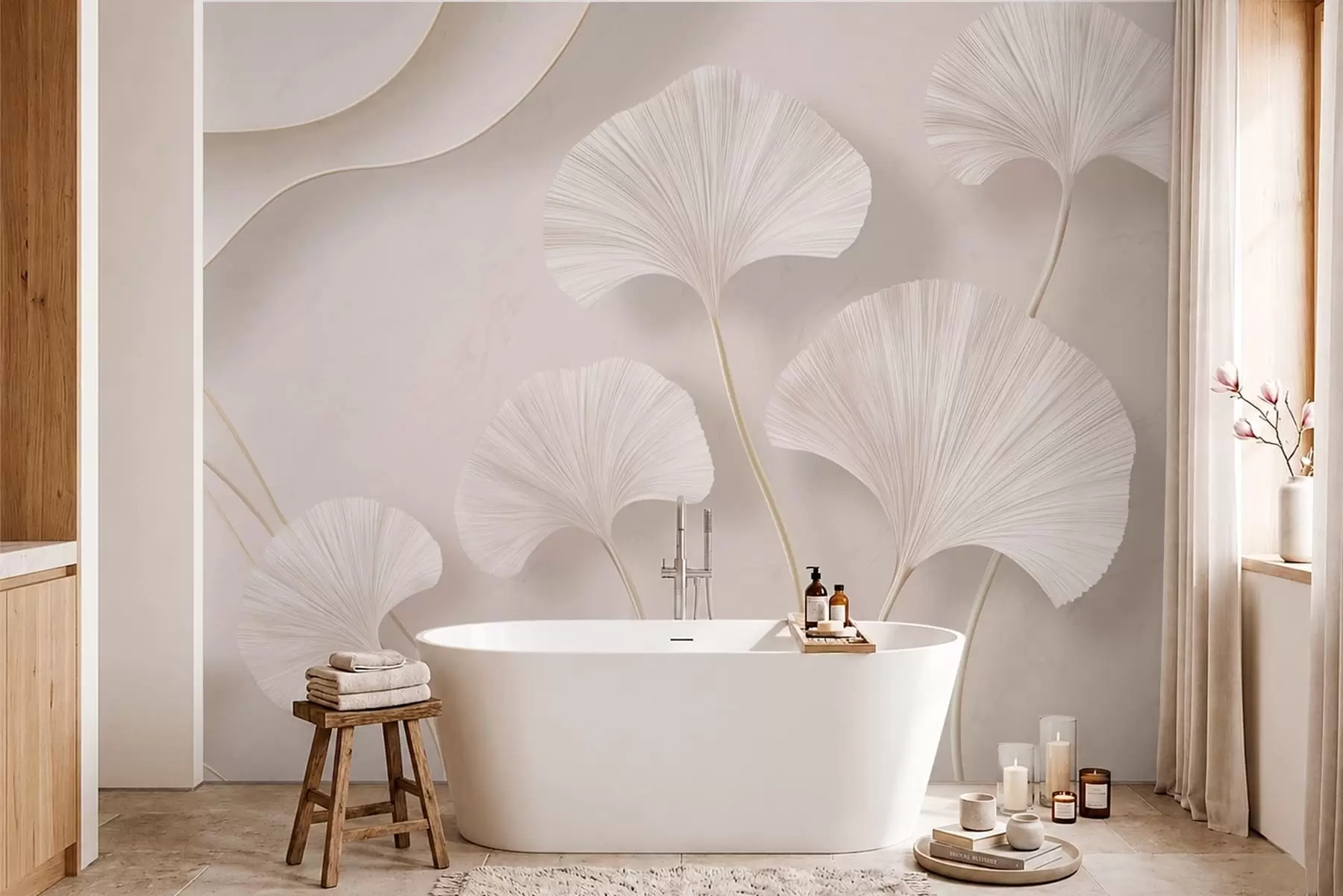 Papier peint Des feuilles de ginkgo aux teintes claires sur un fond de marbre aux tons doux w05734v1