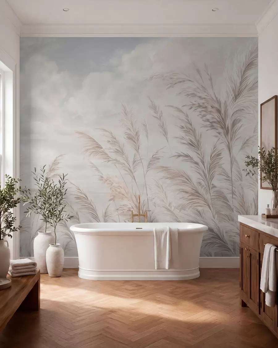 Papier peint De délicates herbes au bord de l'eau, sous un ciel légèrement nuageux w05735v1