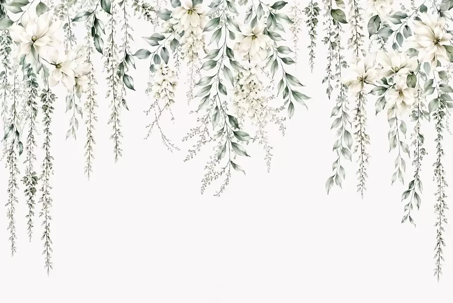 Papier peint Des fleurs en cascade et un feuillage vert sur un fond clair w05736