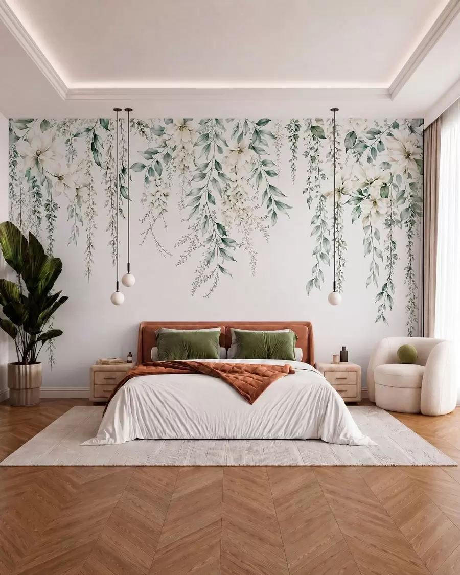 Papier peint Des fleurs en cascade et un feuillage vert sur un fond clair w05736