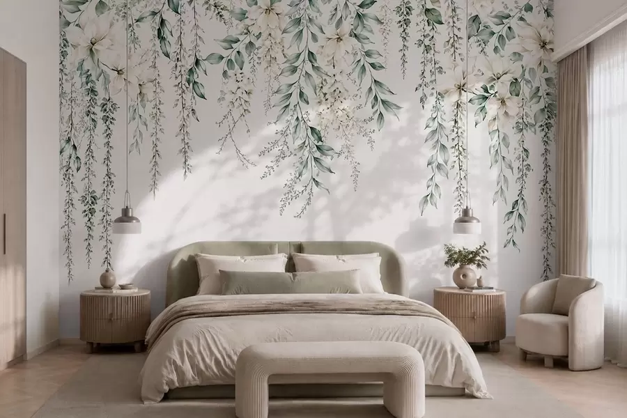 Papier peint Des fleurs en cascade et un feuillage vert sur un fond clair w05736