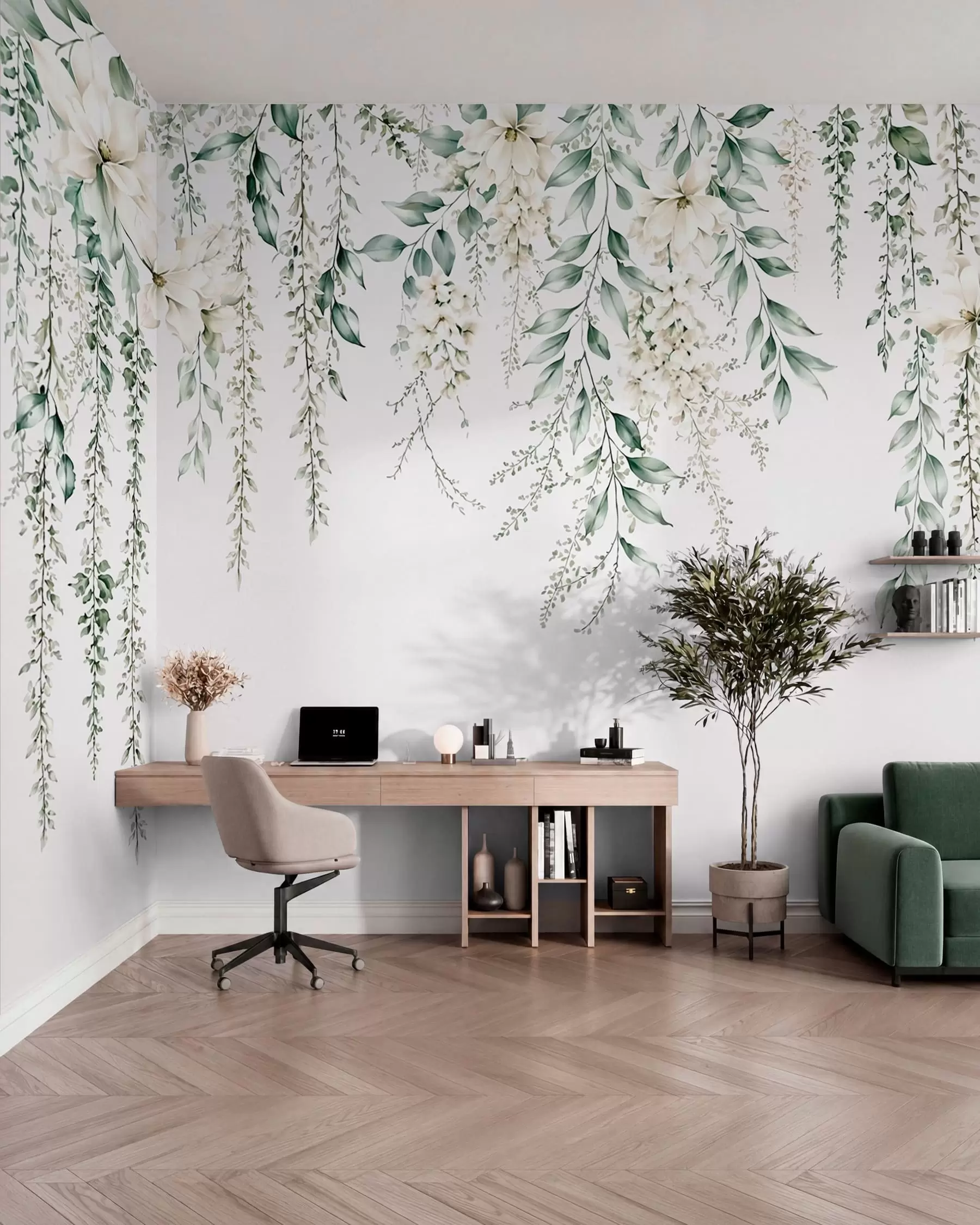 Papier peint Des fleurs en cascade et un feuillage vert sur un fond clair w05736
