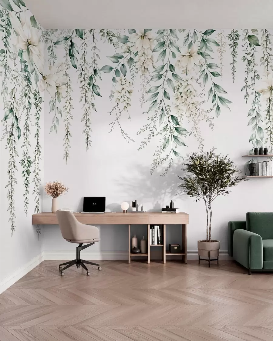 Papier peint Des fleurs en cascade et un feuillage vert sur un fond clair w05736