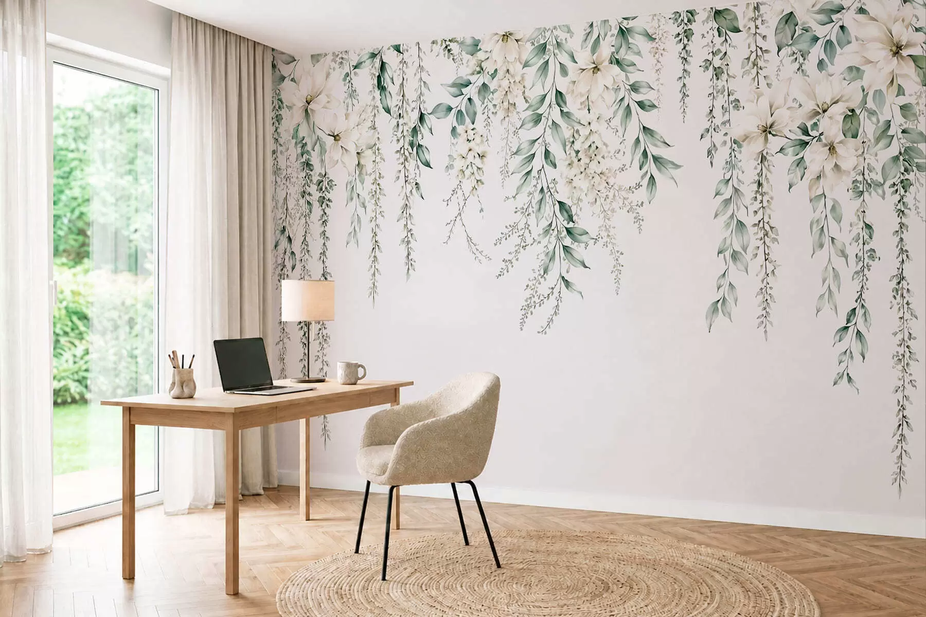 Papier peint Des fleurs en cascade et un feuillage vert sur un fond clair w05736