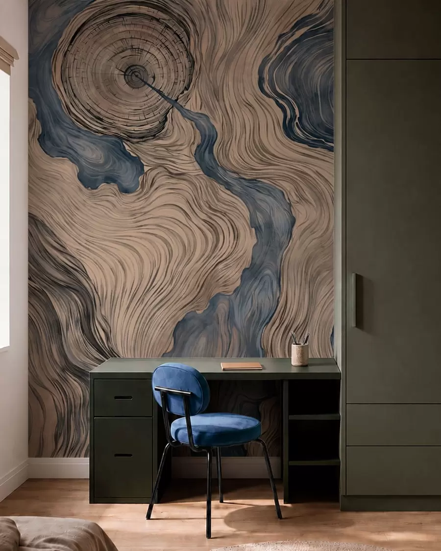 Papier peint Un motif abstrait présentant un dessin linéaire imitant le grain du bois, dans des nuances de bleu w05729v1
