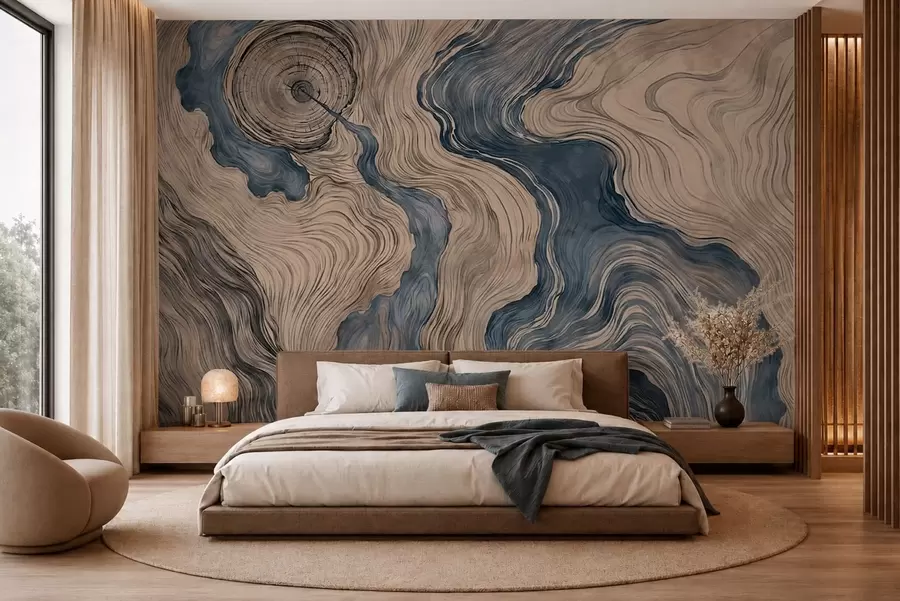 Papier peint Un motif abstrait présentant un dessin linéaire imitant le grain du bois, dans des nuances de bleu w05729v1