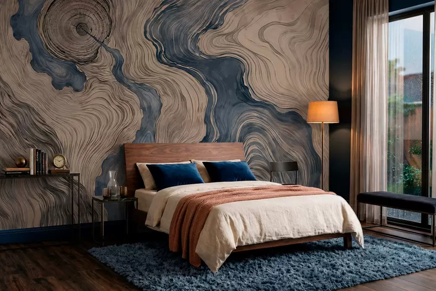 Papier peint Un motif abstrait présentant un dessin linéaire imitant le grain du bois, dans des nuances de bleu w05729v1