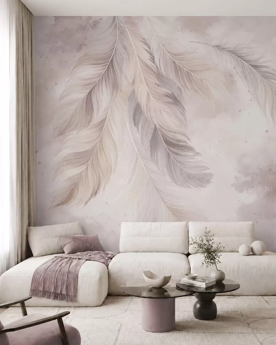 Papier peint Des plumes délicates sur un fond d'aquarelle aux tons pastel w05737