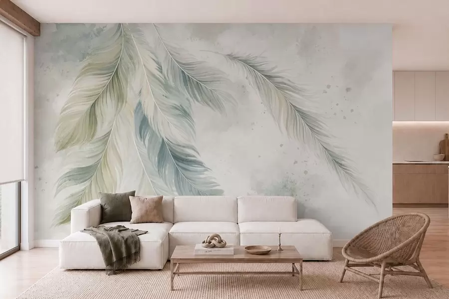 Papier peint Des plumes aux couleurs claires sur un fond délicat à l'aquarelle w05737v2