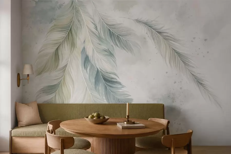 Papier peint Des plumes aux couleurs claires sur un fond délicat à l'aquarelle w05737v2
