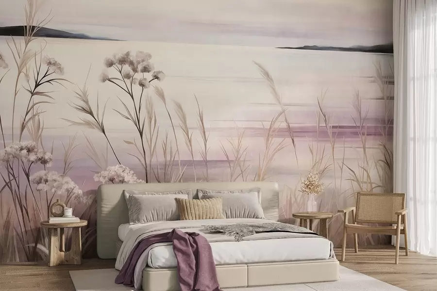 Papier peint Paysage composé de fleurs séchées et de hautes herbes près de la rivière, sous un ciel aux teintes douces et pastel w09939