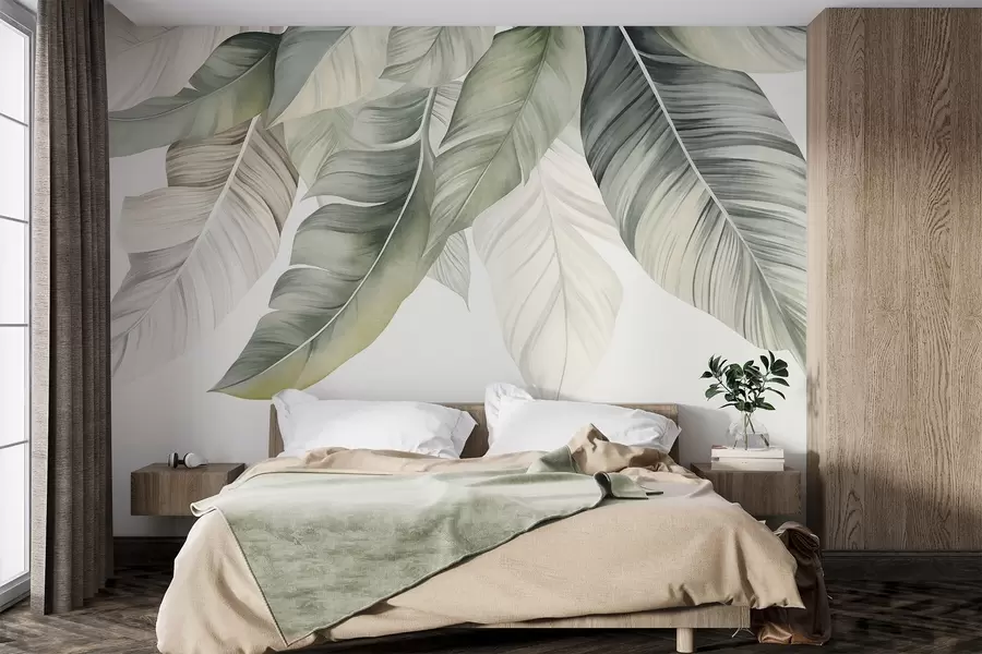 Papier peint Grandes feuilles de bananier vert pâle aux nervures détaillées, illustration texturée, fond clair w09941
