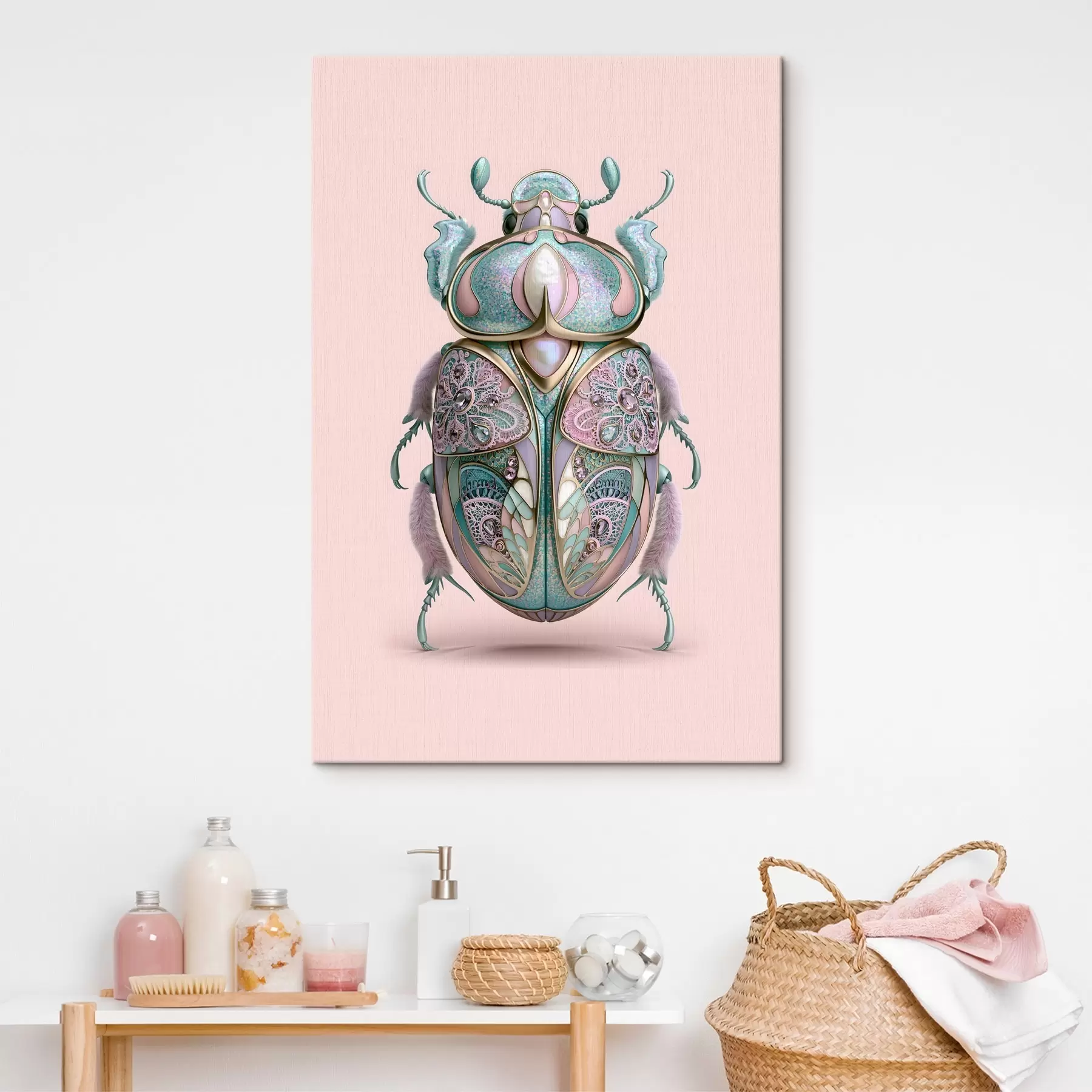 Tableau Un coléoptère conçu pour ressembler à un bijou précieux sur fond rose s49863