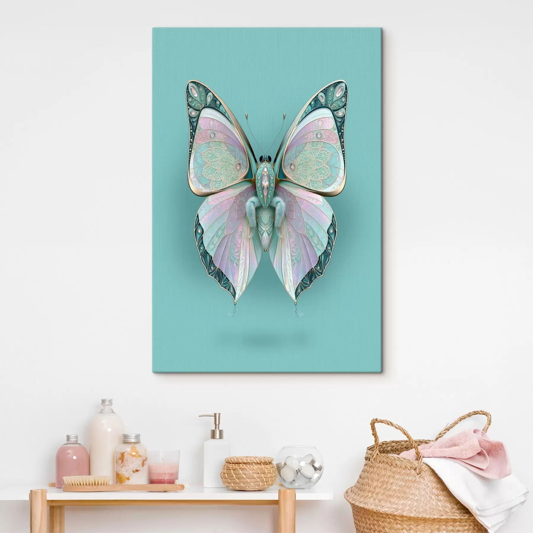 Tableau Un papillon dans le style des bijoux précieux, sur fond turquoise s49864