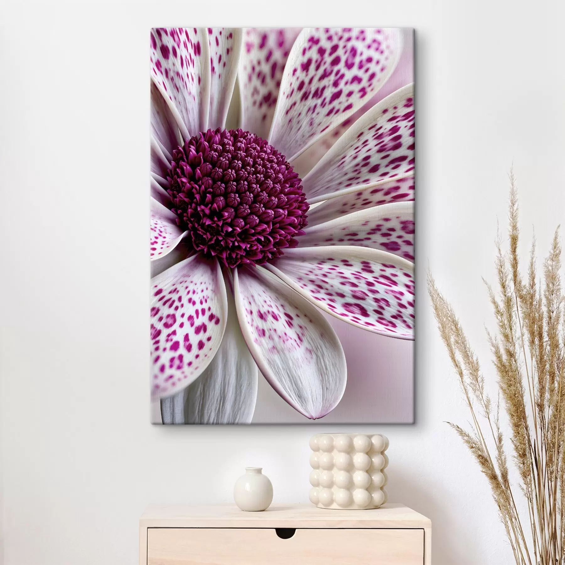 Tableau Gros plan sur une fleur ressemblant à une marguerite, parsemée de taches léopard d'un magenta éclatant s49865