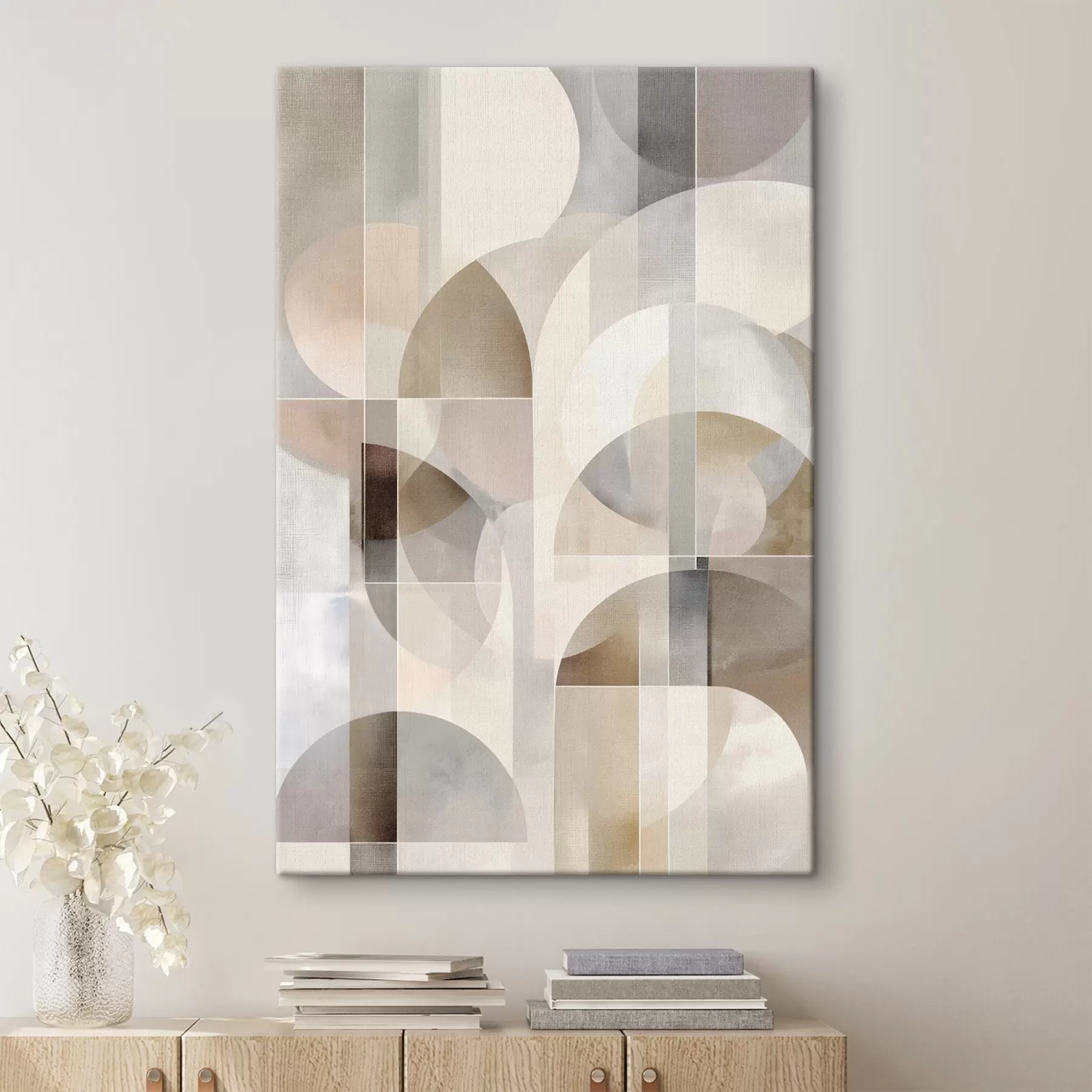 Tableau Une composition minimaliste, géométrique et abstraite, déclinée dans une palette de nuances douces de beige, crème, gris-brun et gris-beige s49877