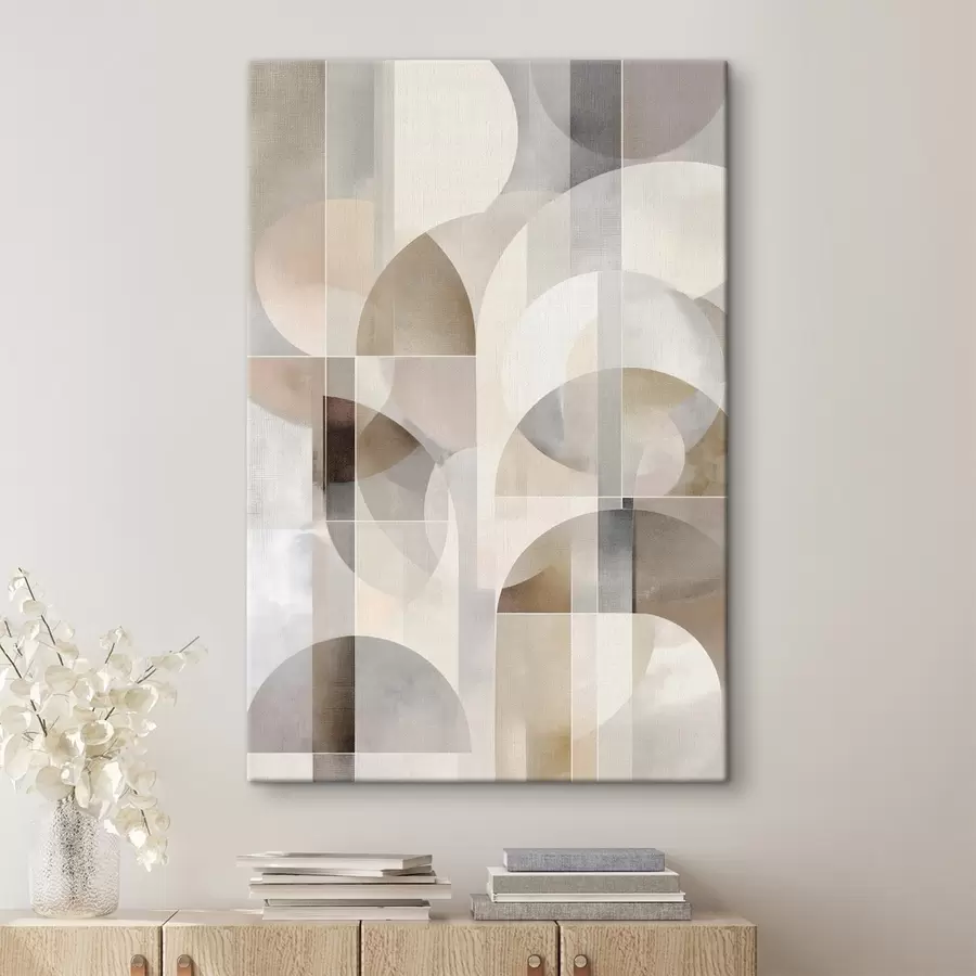 Tableau Une composition minimaliste, géométrique et abstraite, déclinée dans une palette de nuances douces de beige, crème, gris-brun et gris-beige s49877