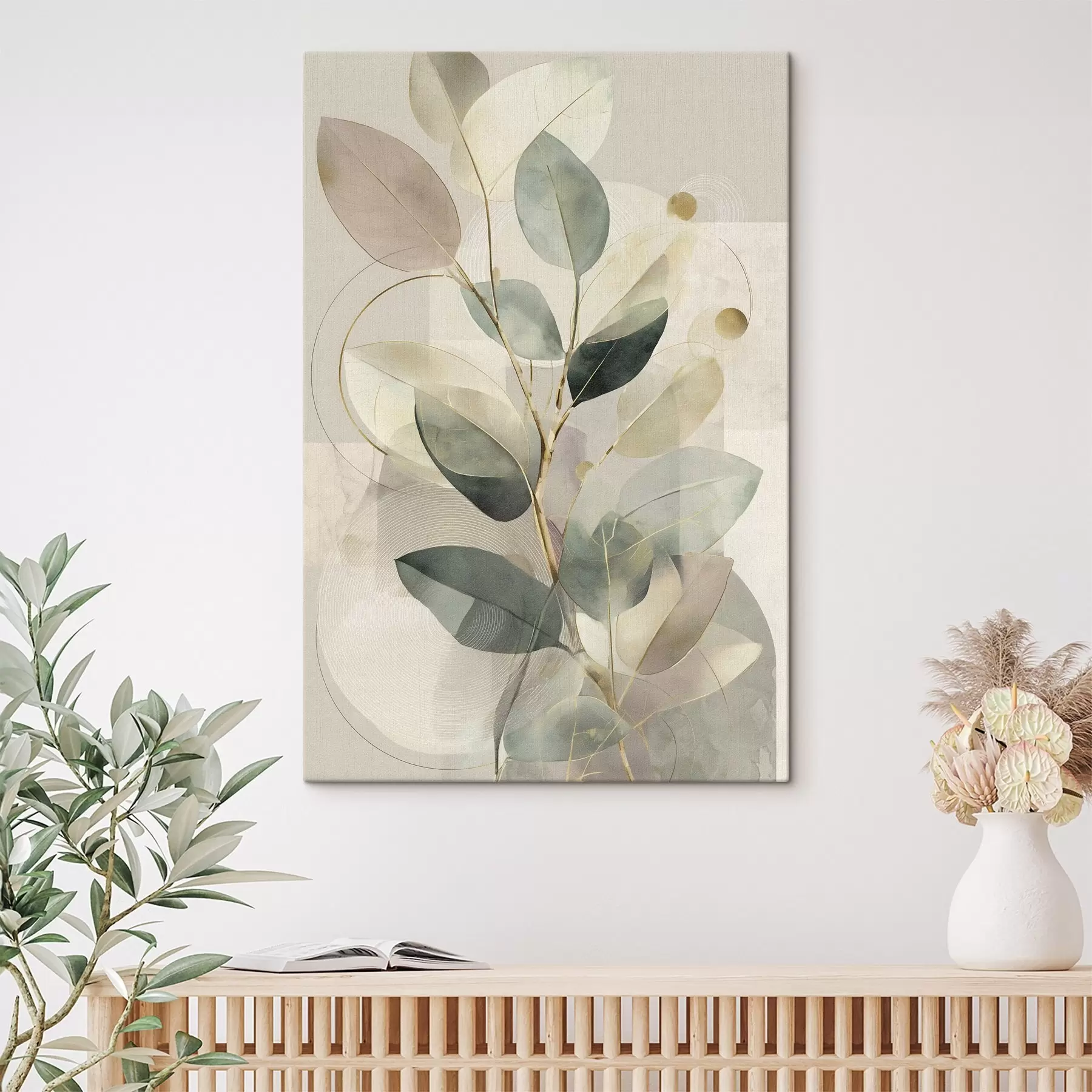 Tableau Œuvre d'art abstraite minimaliste sur le thème botanique, représentant une élégante branche d'olivier aux feuilles d'un vert sauge délicat et d'un beige chaleureux s49878