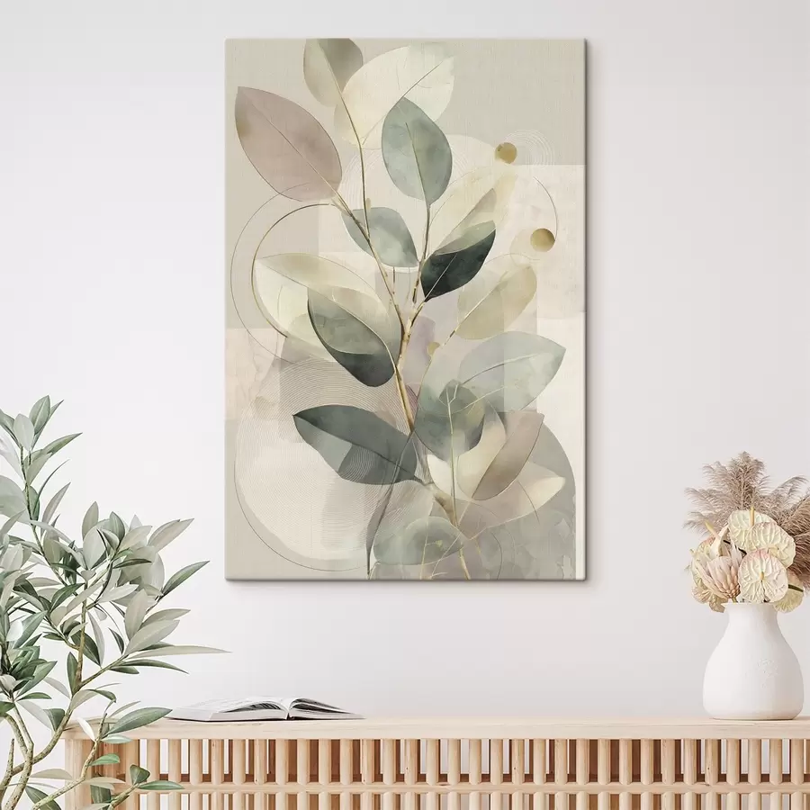 Tableau Œuvre d'art abstraite minimaliste sur le thème botanique, représentant une élégante branche d'olivier aux feuilles d'un vert sauge délicat et d'un beige chaleureux s49878