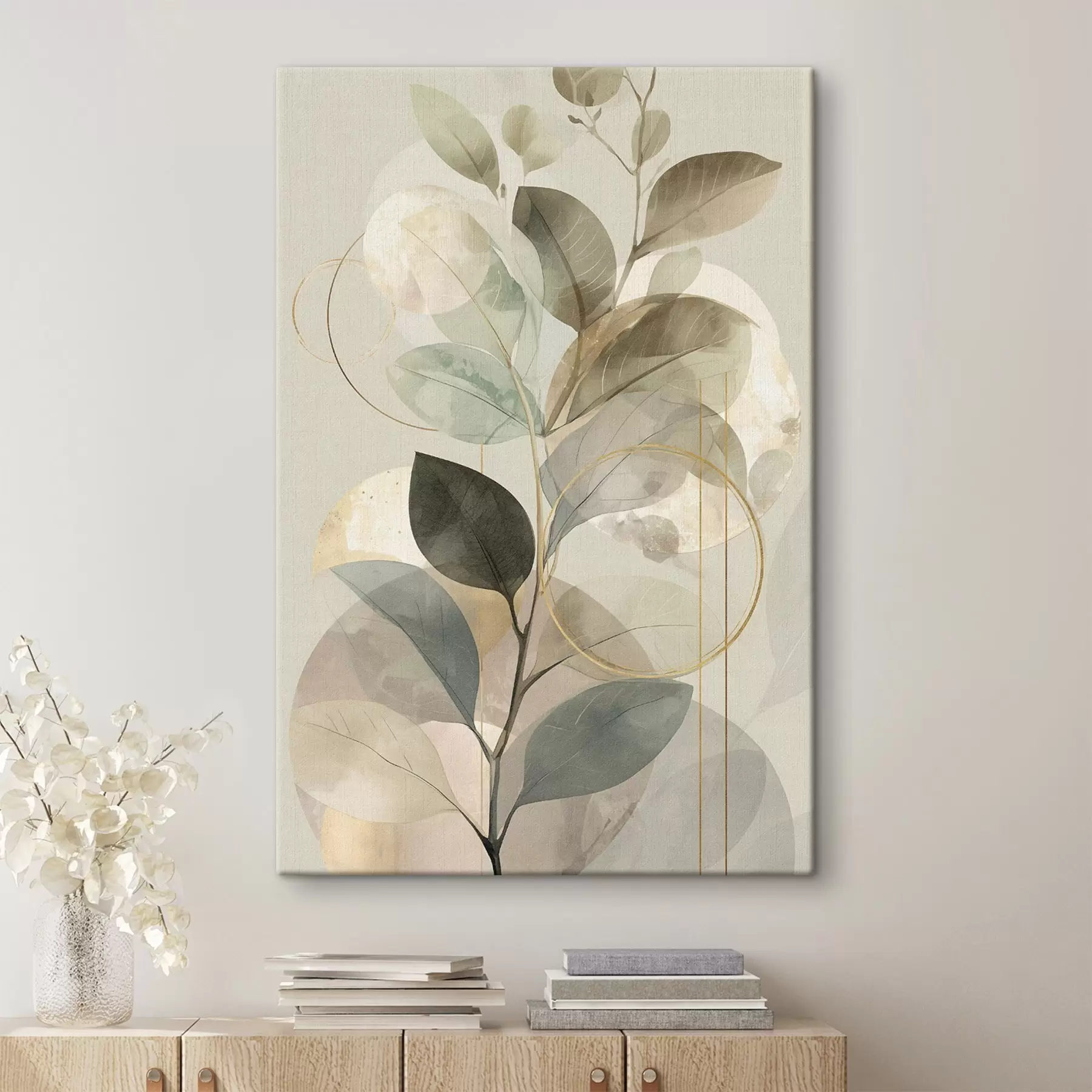 Tableau Œuvre d'art abstraite minimaliste sur le thème botanique, représentant une élégante branche d'olivier aux feuilles d'un vert sauge délicat et d'un beige chaleureux s49879