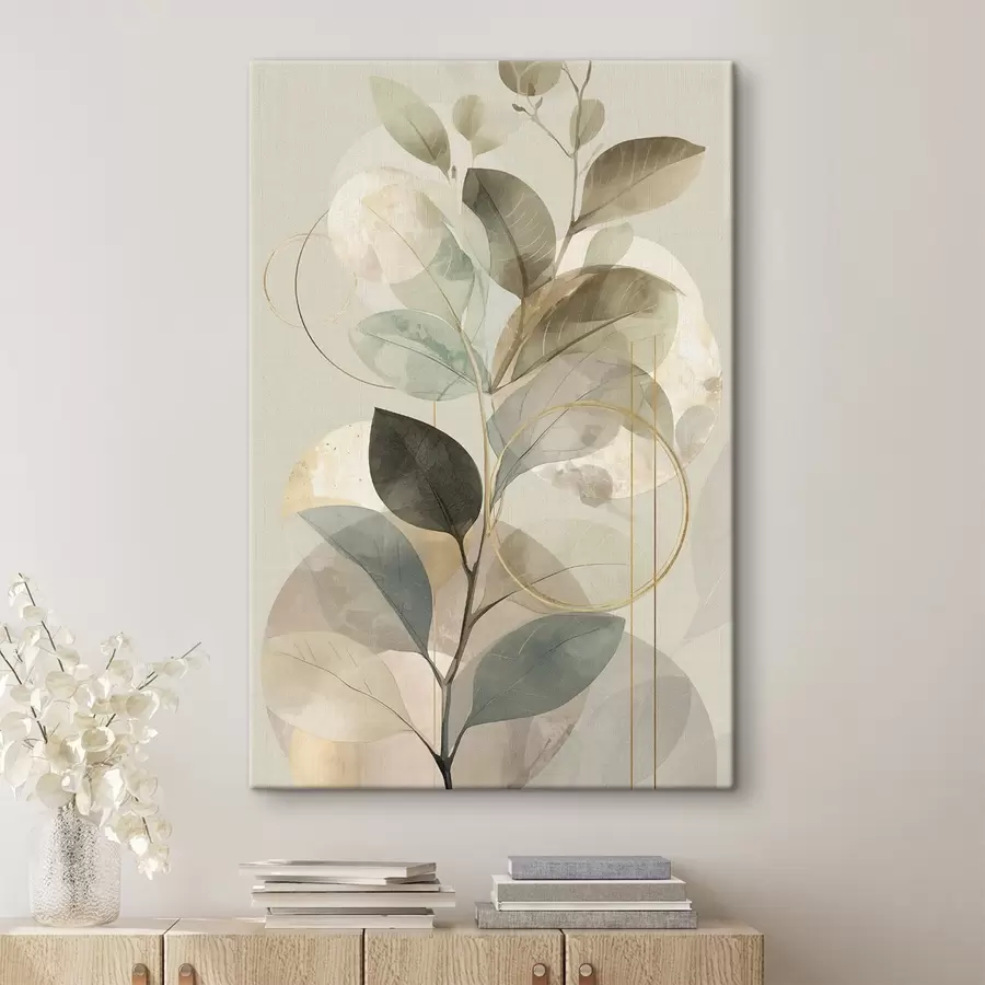 Tableau Œuvre d'art abstraite minimaliste sur le thème botanique, représentant une élégante branche d'olivier aux feuilles d'un vert sauge délicat et d'un beige chaleureux s49879