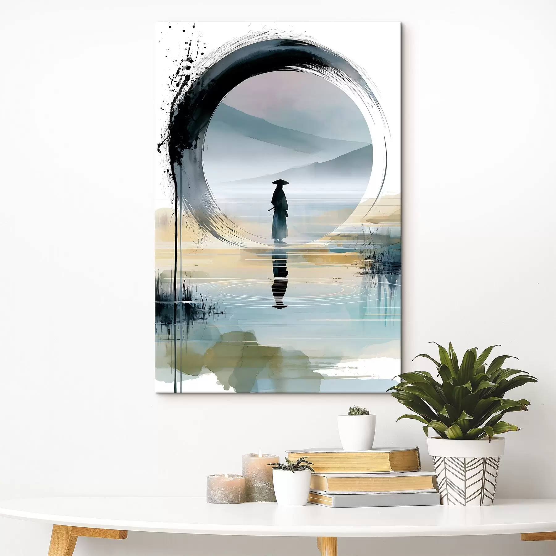 Tableau Une illustration zen contemporaine représentant un samouraï, un cercle « enso », un paysage à l'aquarelle et un reflet dans un miroir s49880