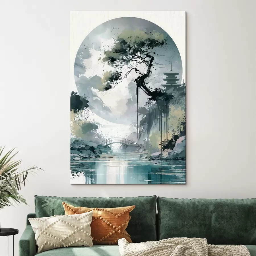 Tableau Un paysage japonais de style sumi-e représentant un pin élancé, un pont et une pagode se détachant sur des eaux calmes s49881