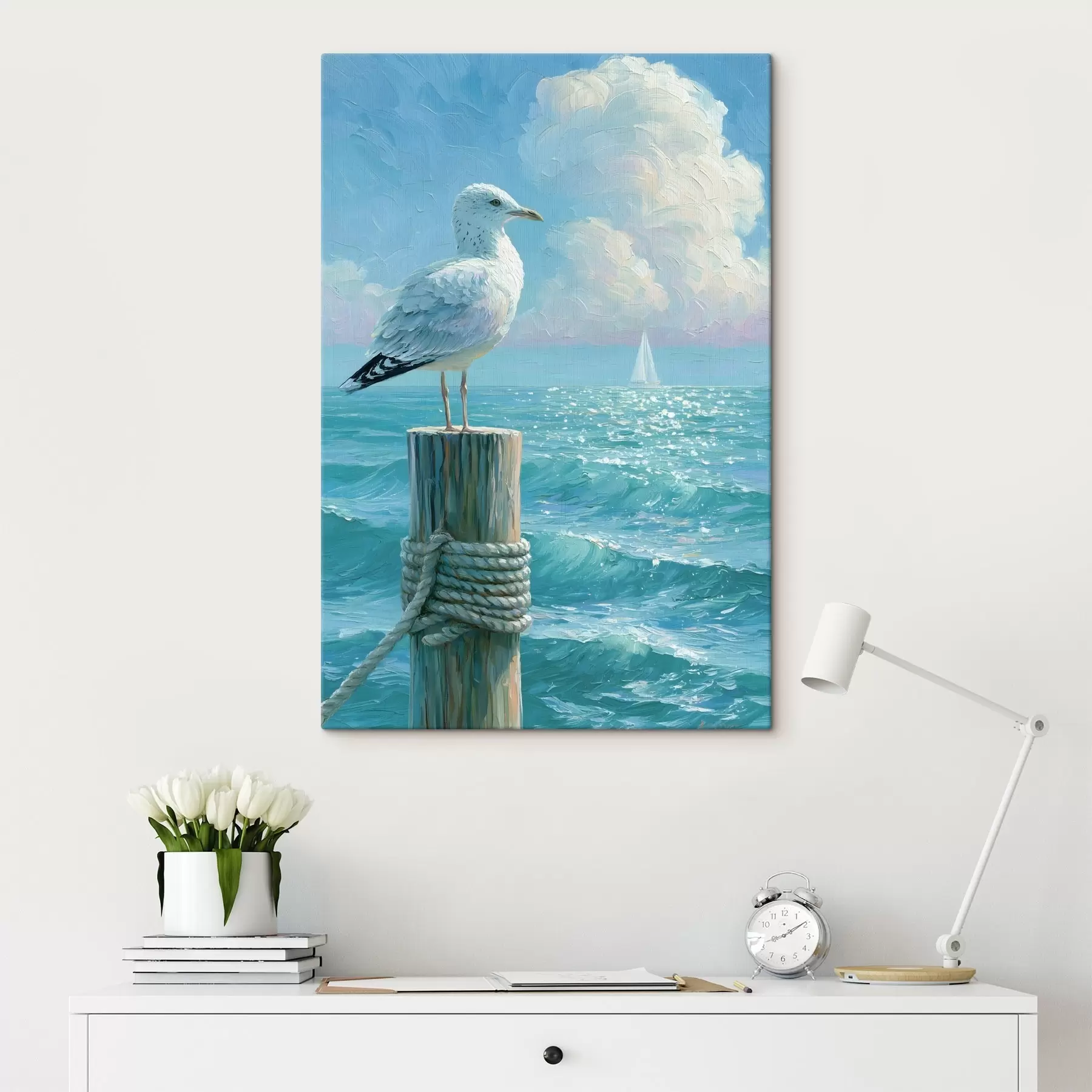 Tableau Une majestueuse mouette perchée sur un poteau de jetée en bois patiné par les intempéries, peinte dans un style à l'empâtement s49882