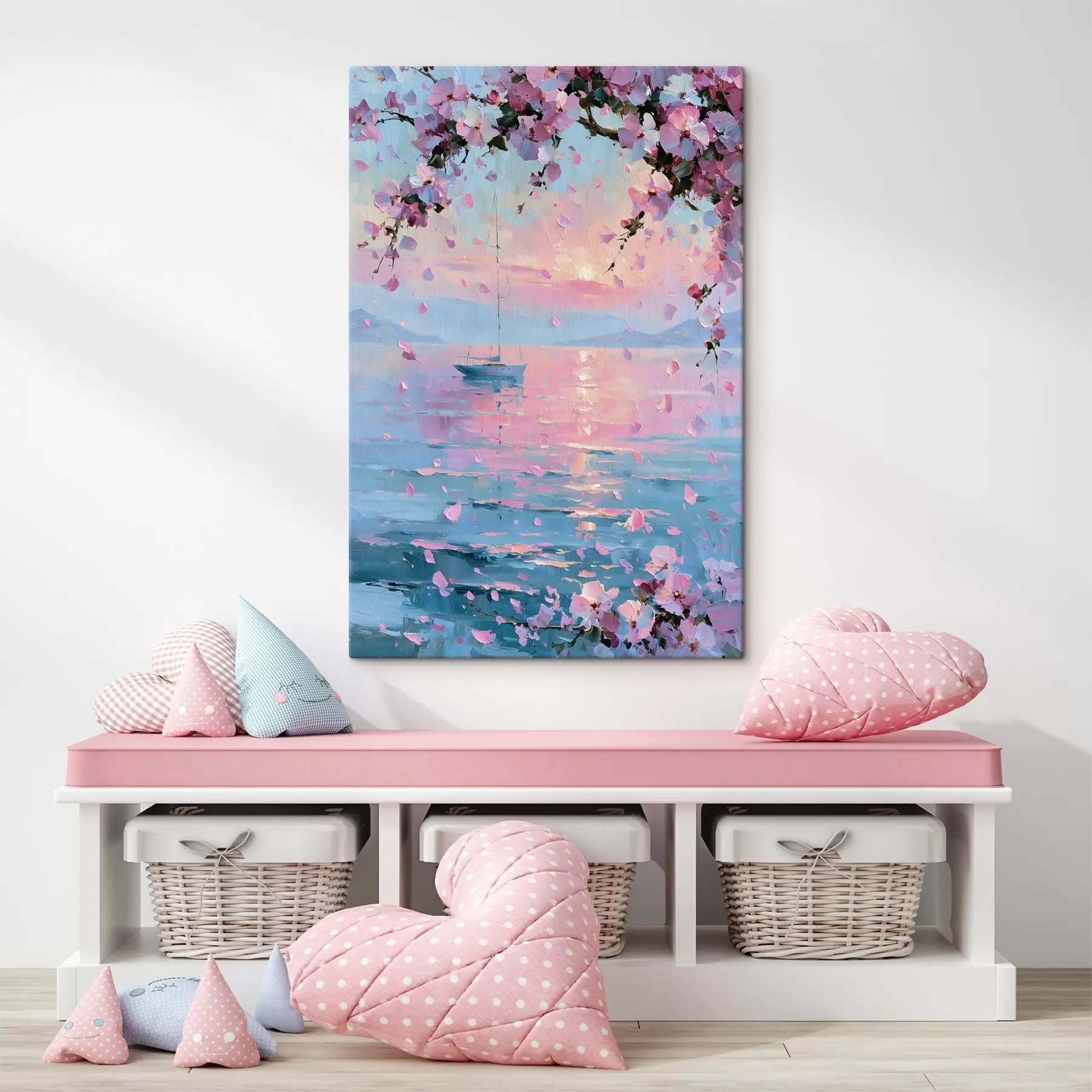 Tableau Un élégant yacht blanc en mer au coucher du soleil, sous les branches fleuries d'un cerisier rose, dans le style d'une peinture à l'huile s49883