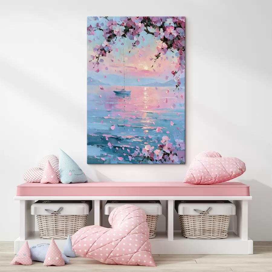 Tableau Un élégant yacht blanc en mer au coucher du soleil, sous les branches fleuries d'un cerisier rose, dans le style d'une peinture à l'huile s49883