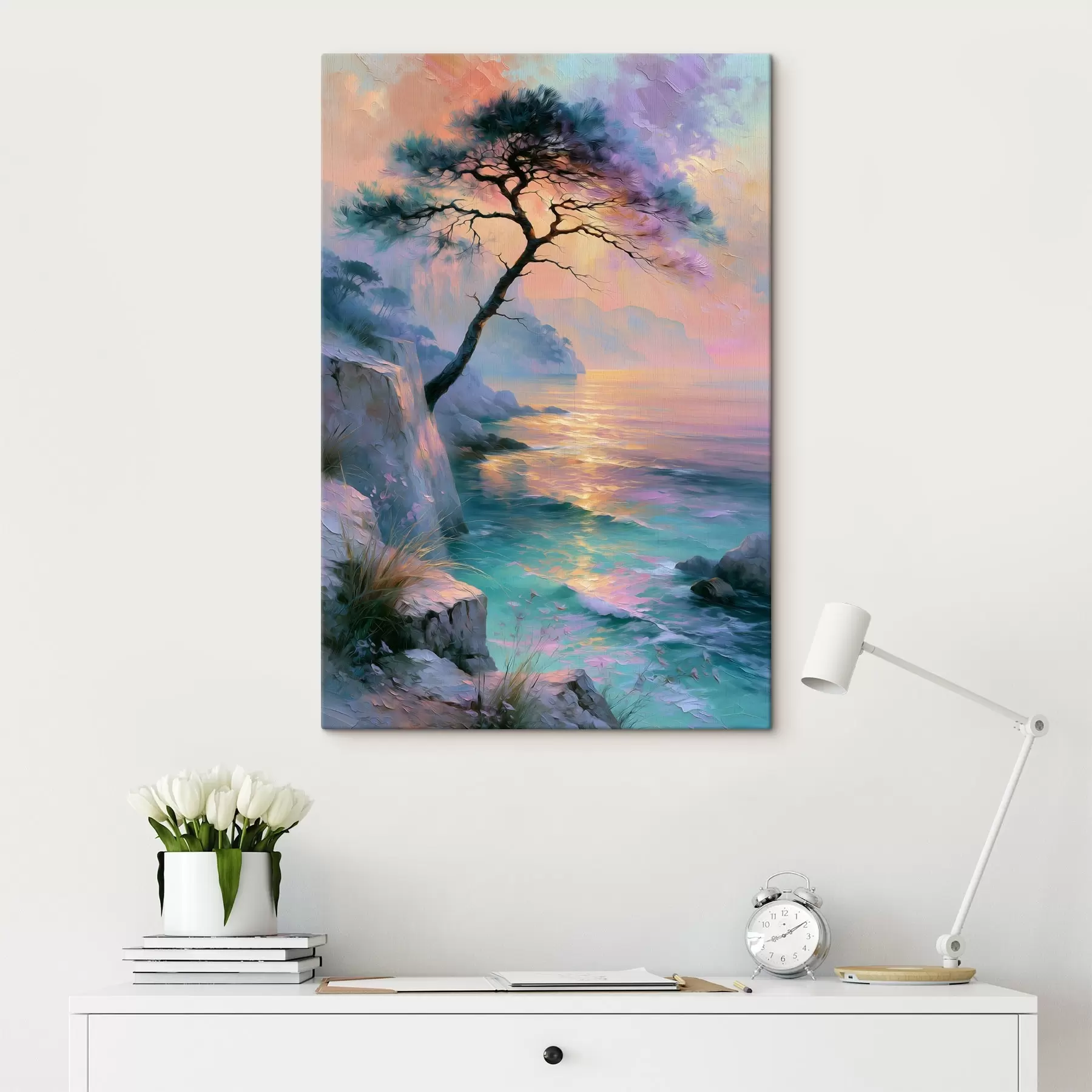 Tableau Paysage majestueux de la côte méditerranéenne au coucher du soleil, peint dans le style de la peinture à l'huile, mettant en scène un pin ancien, marqué par les intempéries s49885
