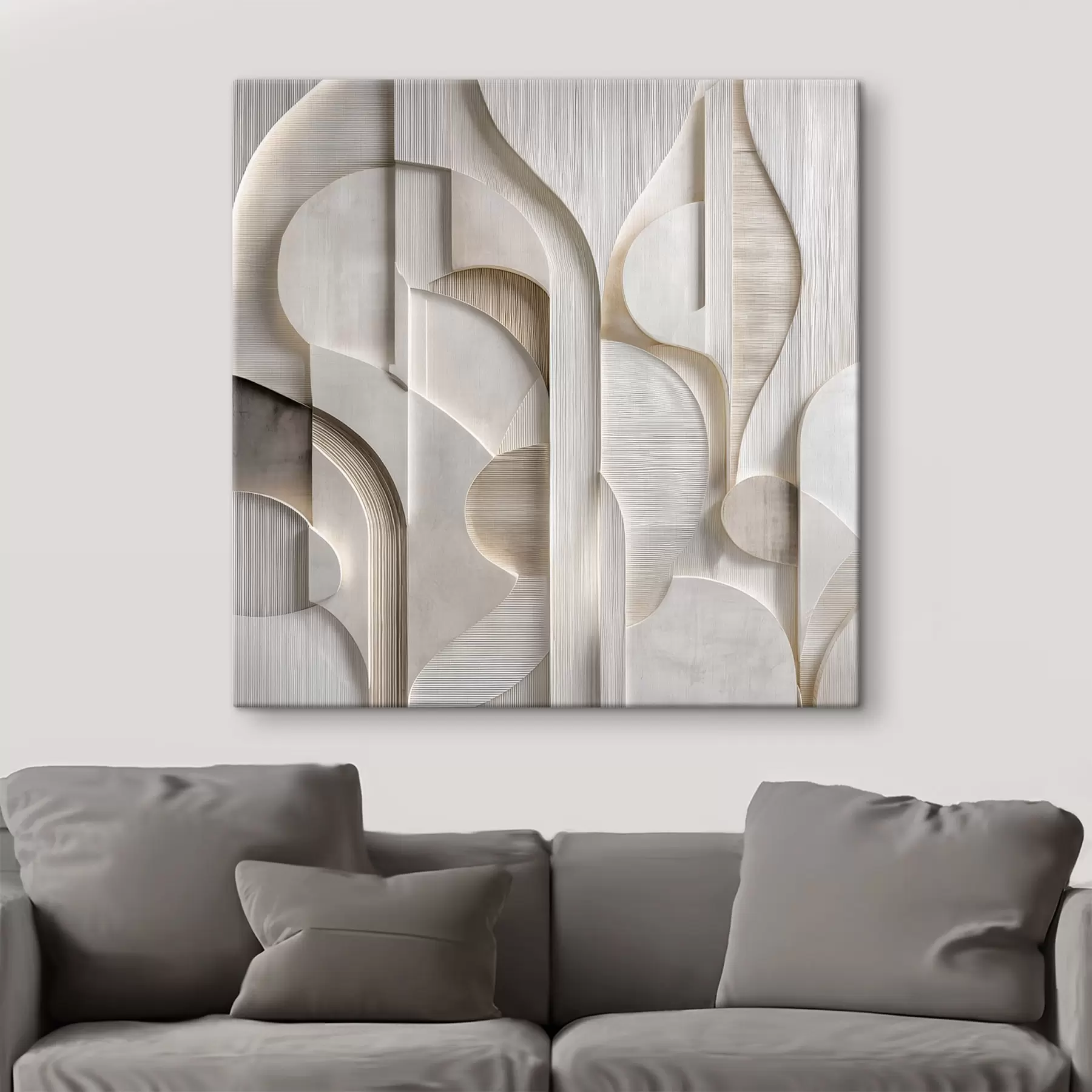 Tableau Une composition abstraite de style en relief, imitant des formes et des superpositions dans des tons doux de gris-beige s49887