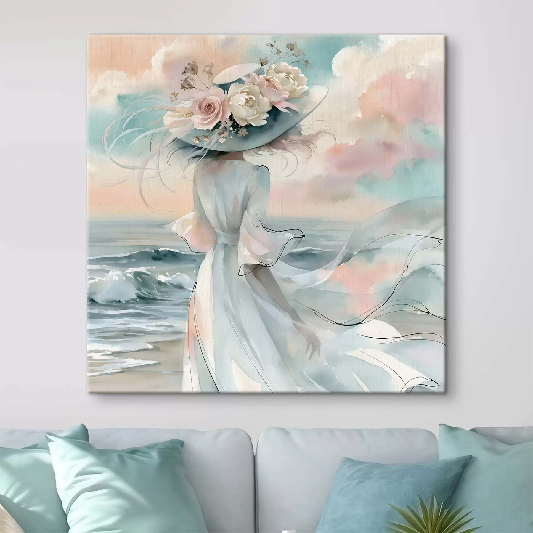 Tableau Une jeune fille romantique coiffée d'un chapeau à fleurs au bord de la mer, dans un style aquarelle s49890